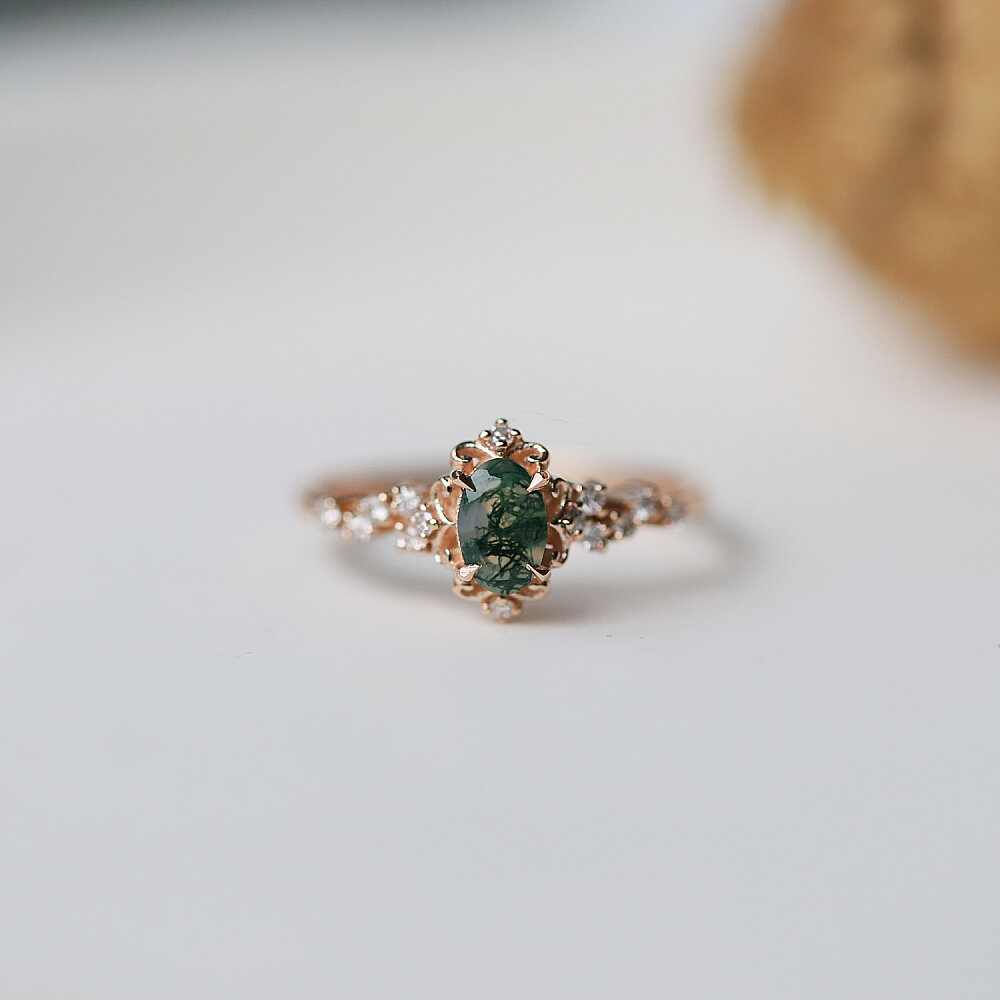 Vintage Emma Moss Agate & Asimetri Pırlanta Yüzük - 1