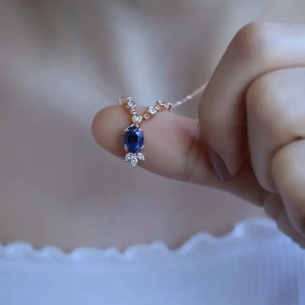 Vintage Lotus Blue Topaz & Pırlanta Kolye - 1