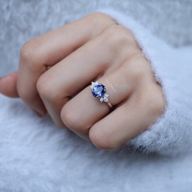 Vintage Lotus Blue Topaz & Pırlanta Yüzük - 2