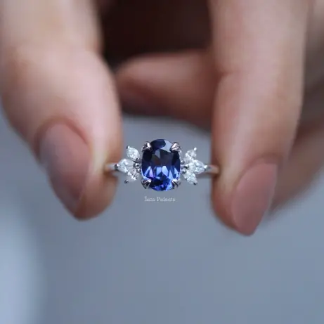 Vintage Lotus Blue Topaz & Pırlanta Yüzük - 1