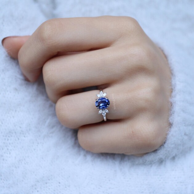 Vintage Lotus Blue Topaz & Pırlanta Yüzük - 3