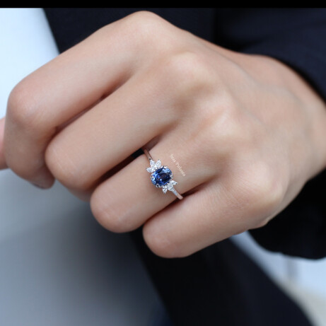 Vintage Mini Lotus Blue Topaz & Pırlanta Yüzük - (1)