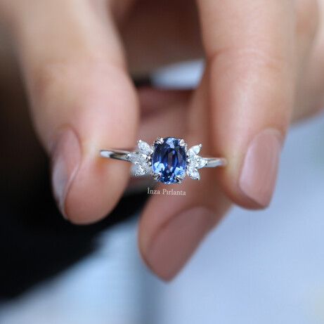 Vintage Mini Lotus Blue Topaz & Pırlanta Yüzük - 