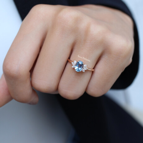 Vintage Mini Lotus Blue Topaz & Pırlanta Yüzük - (1)