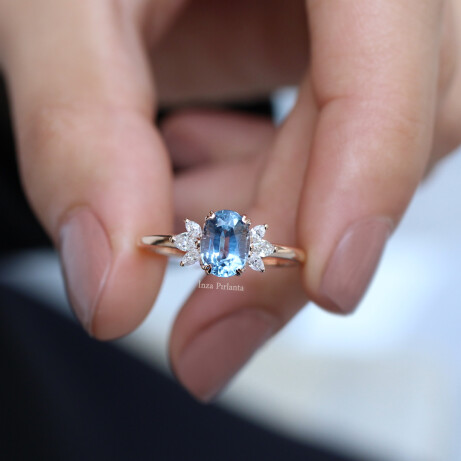 Vintage Mini Lotus Blue Topaz & Pırlanta Yüzük - 