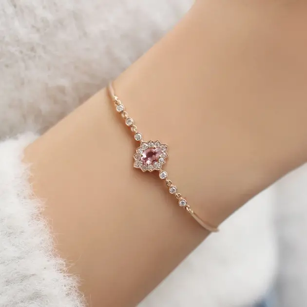 Vintage Özel Tasarım Venice Pembe Turmalin & Pırlanta Bileklik - 1