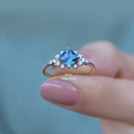 Vintage Prenses London Blue & Pırlanta Yüzük - 