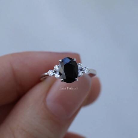 Vintage Siyah Spinel & Pırlanta Tektaş Yüzük - 